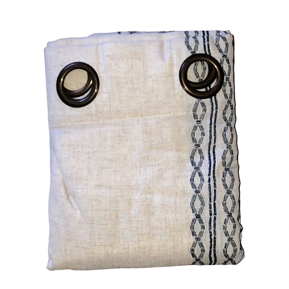 1 Pair Of Lazzy Linen Blend Blue On Beige Grommet Curtains 95” Length